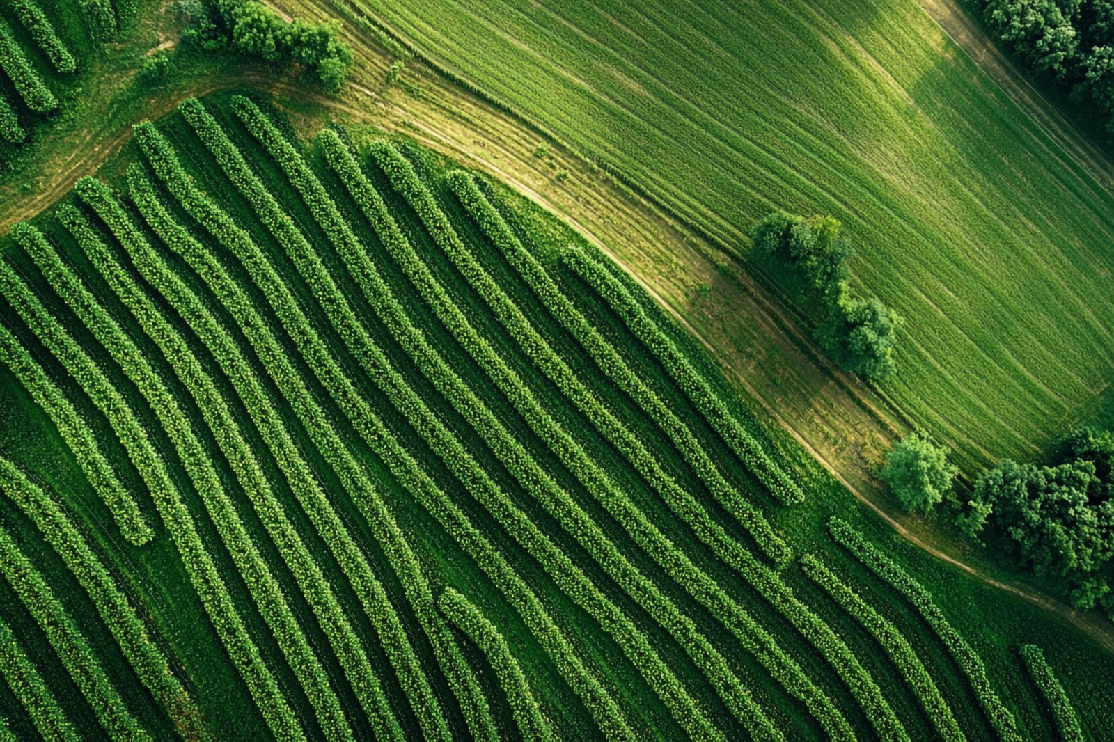 After: an aerial view of vibrant green farmland with healthy crops planted in neat rows