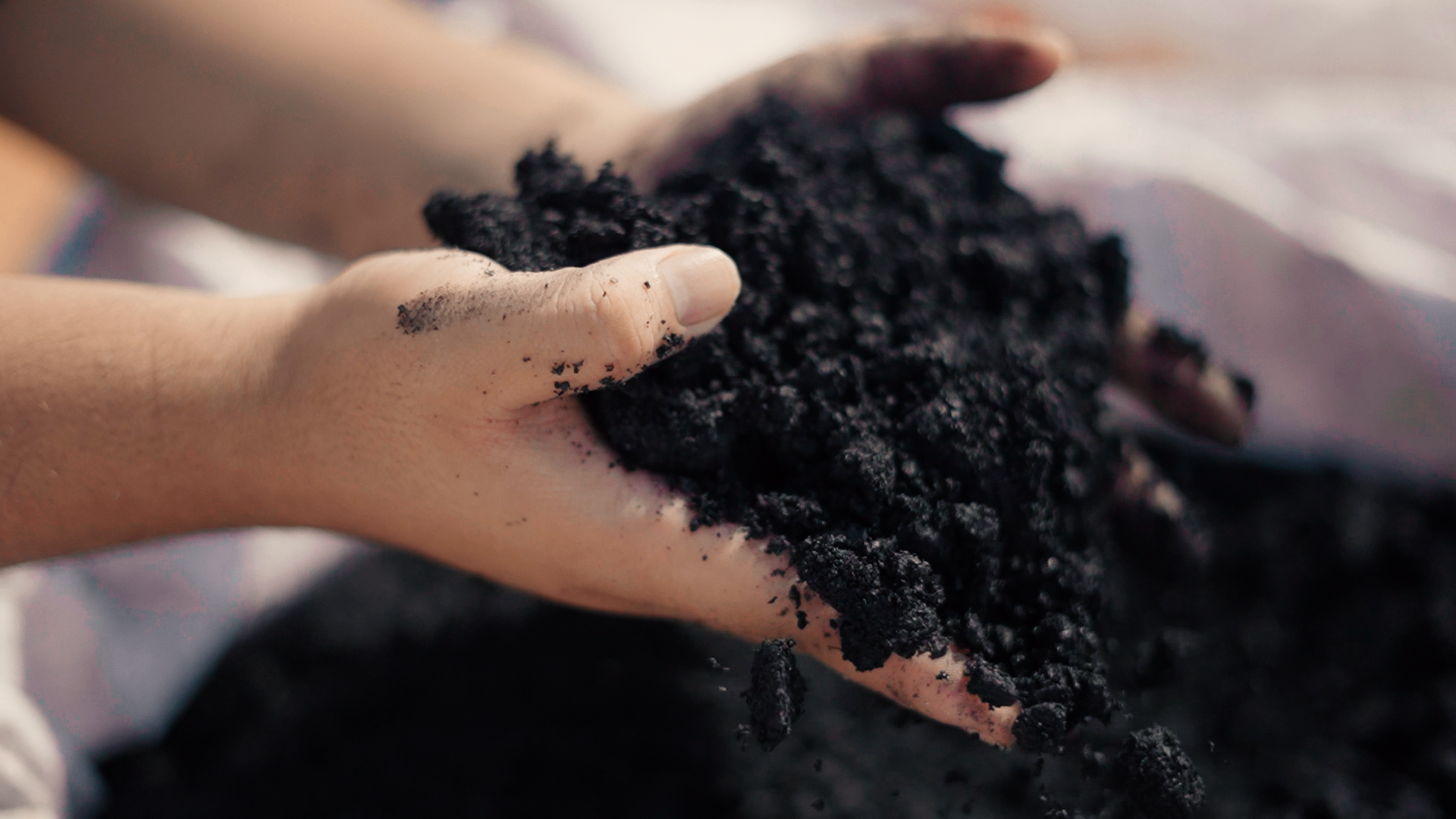 Hands holding porous black biochar for engineered applications